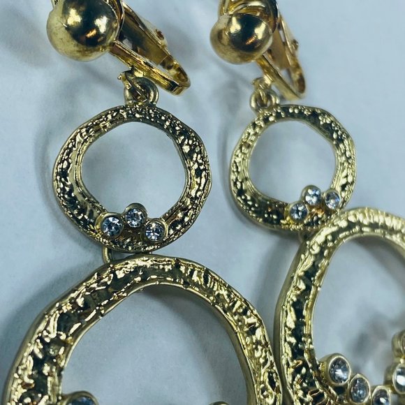 Art Deco Earrings Dangle Drop Clip-on Gold Tone Clear Rhinestones Gypsy Boho - Picture 6 of 16